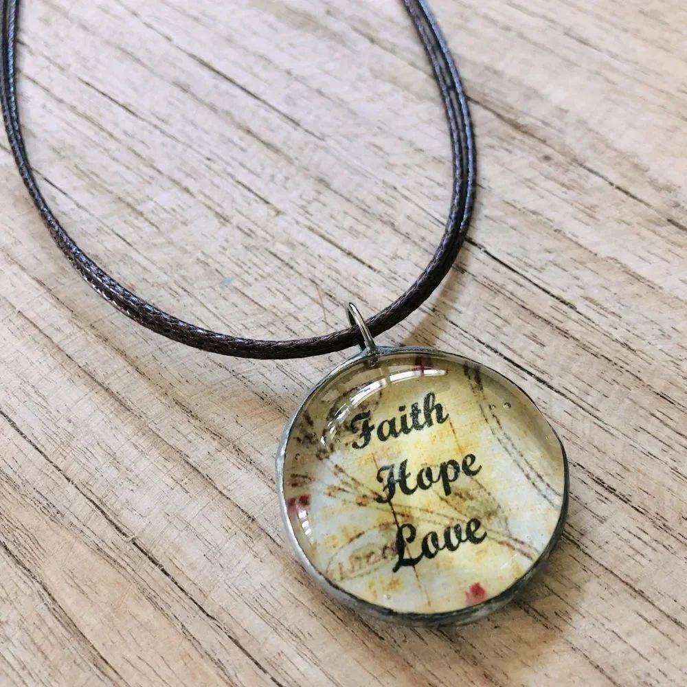 “Faith Hope Love” Glass Pendant Cord Necklace